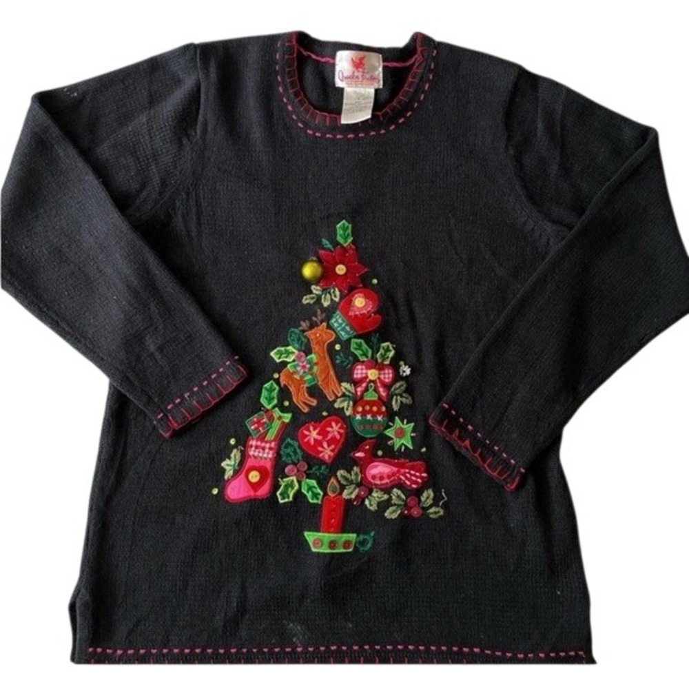 Womens New Quacker Factory Black Christmas Tree Light Up Grandma Sweater Size M